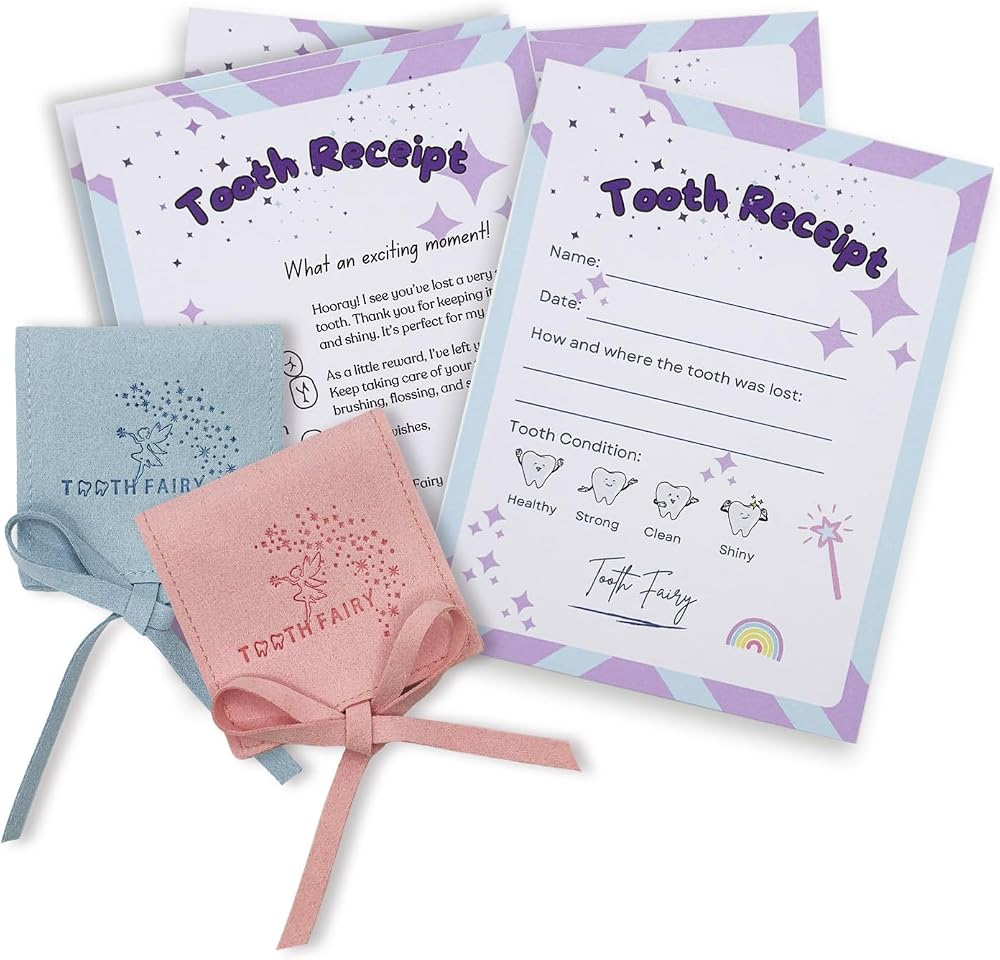 Tooth Fairy 종이 영수증 (22팩) 및 아동용 치아 파우치 2개 (각 핑크 및 블루), 치아 홀더가 있는 잃어버린 치아 노트, 치아 요정 기념품 키트, 잃어버린 아기 치아 보관 — 사진 1