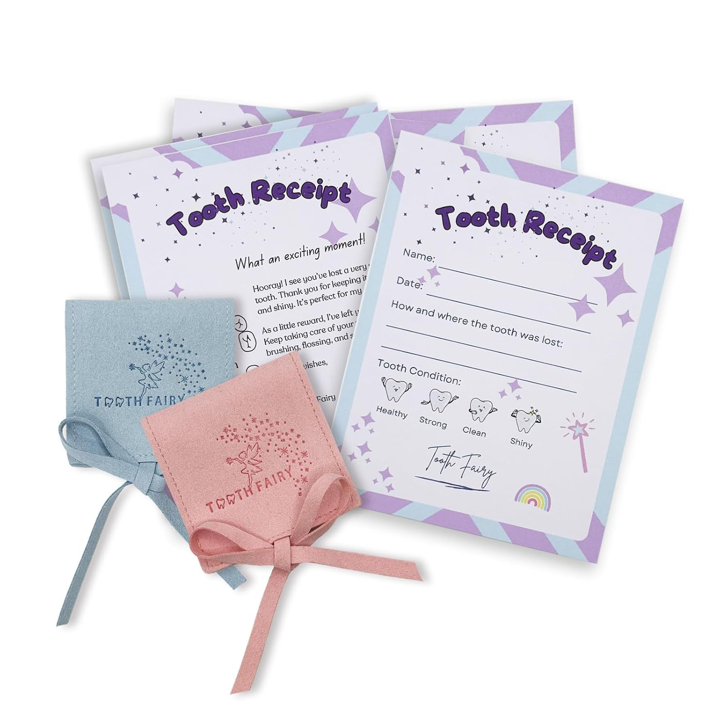 Tooth Fairy Paper Receipts (22 Pack) and 2 Tooth Pouches (Pink and Blue Each) for Kids, Lost Tooth Notes with Tooth Holders, Tooth Fairy Keepsake Kit, Lost Baby Teeth Storage