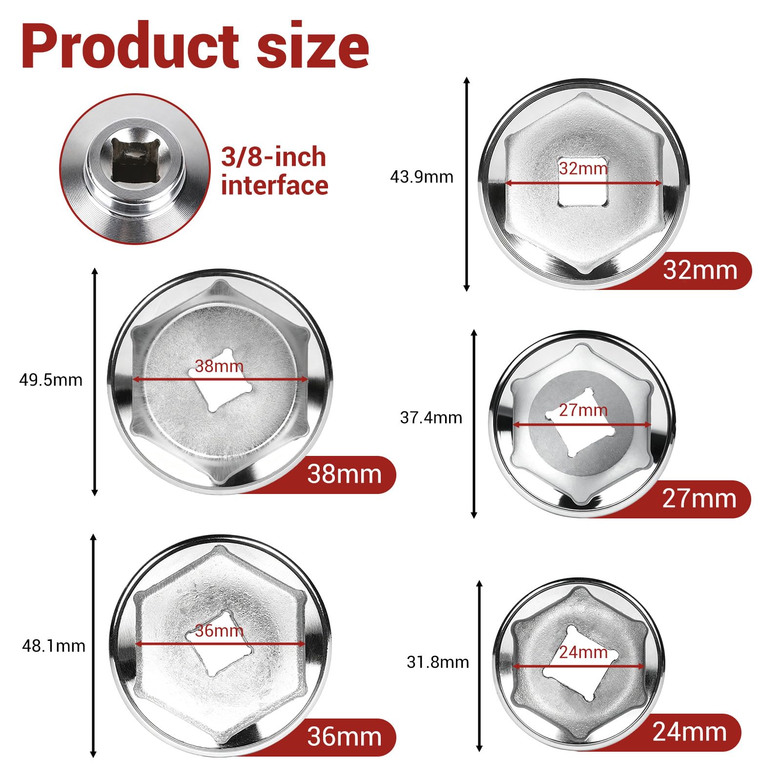 lalago Set di Chiavi per Filtro Olio 5 Pezzi, Chiavi a Tazza per Filtro Dell'olio, Chiave Esagonale da 3/8", in Acciaio al CR-V, Strumento di Rimozione Presa Filtro Olio Auto (24, 27, 32, 36, 38mm)