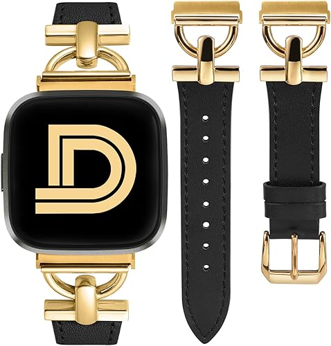 Wearlizer Leather Band Compatible with Fitbit Versa 2 Bands for Women, Dressy Slim Leather Strap Wristband with D-Shape Metal Buckle for Fitbit