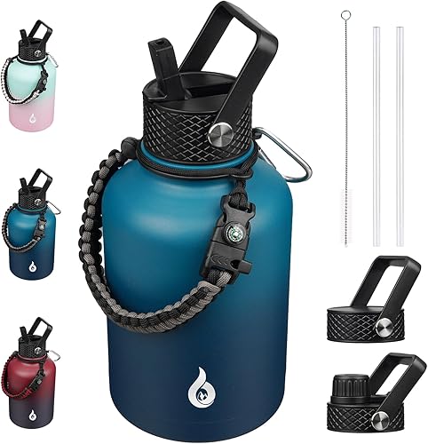 Miniatura 45 de BJPKPK Botella de agua de 1 galón aislada con tapa con pajita, 50oz, 64oz, 87oz, 128oz grande, botellas de agua de acero inoxidable con 3 tapas y