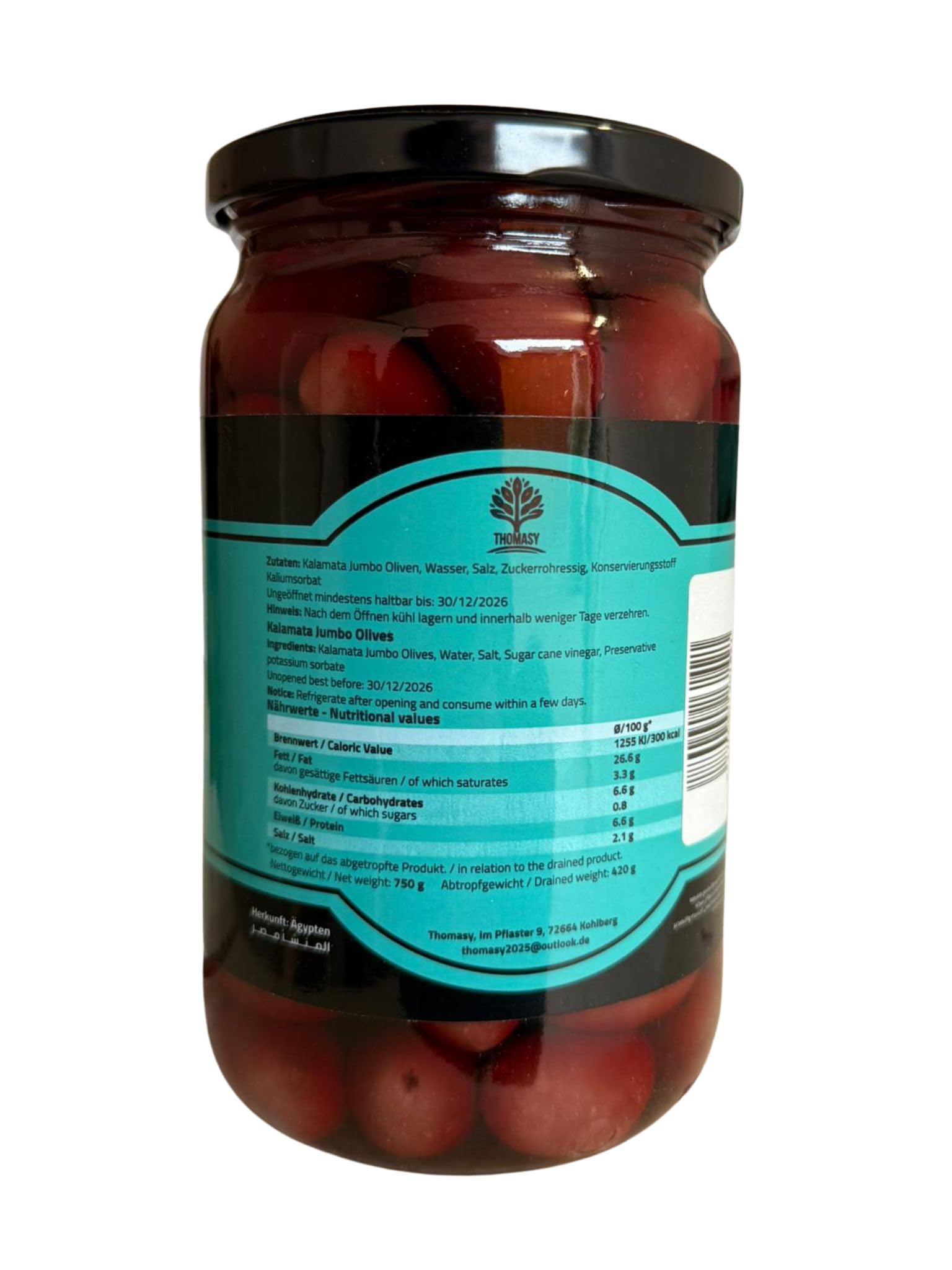 Kalamata Jumbo Oliven – ganze Kalamata-Oliven in Salzlake, Glas 750 g, aromatisch & fleischig, ideal für Antipasti, Salate & mediterrane Küche
