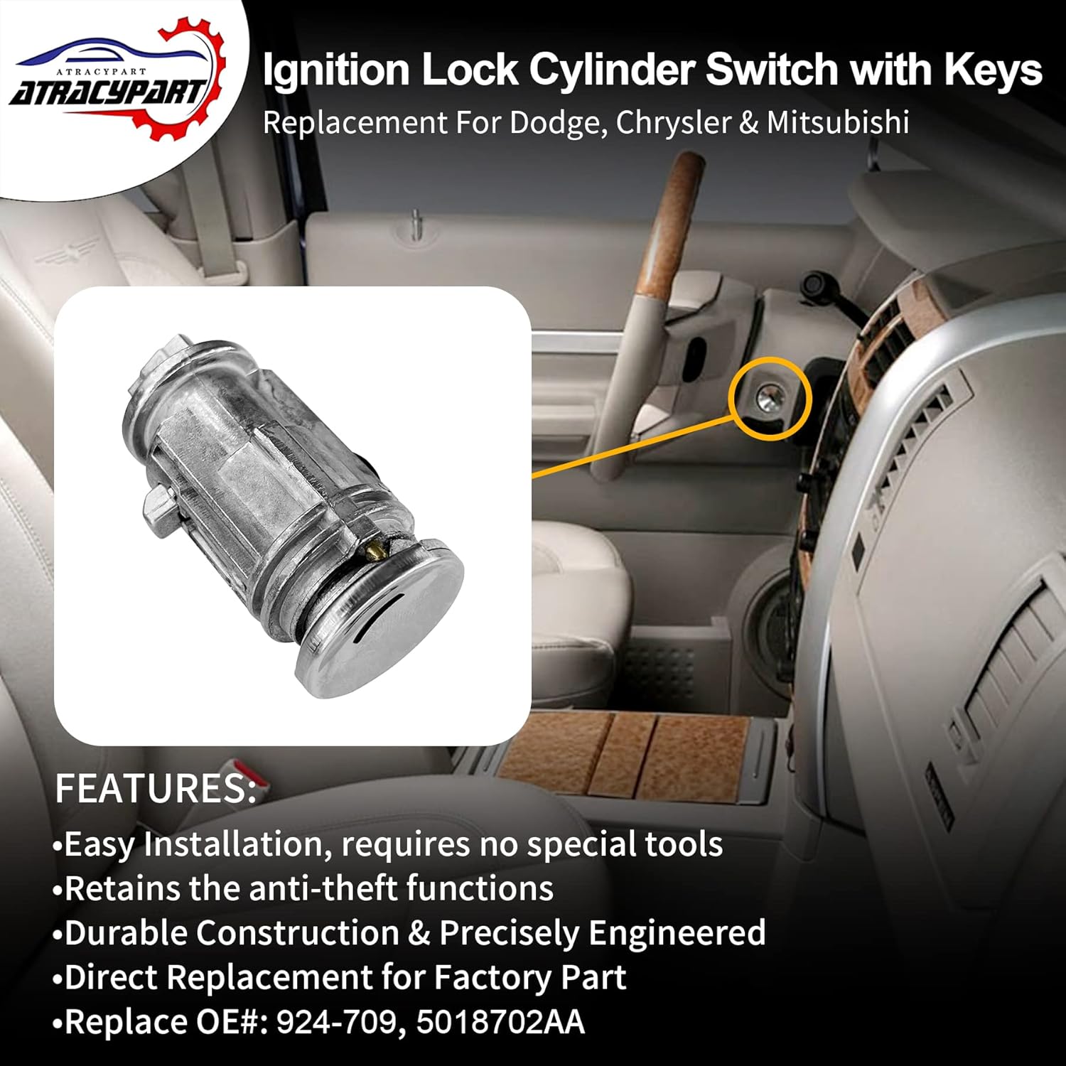 Ignition Lock Cylinder Switch with Keys | Replacement for 2001-2010 Dodge Ram 1500/2500/3500, Durango, Dakota, Chrysler Aspen & Mitsubishi Raider | Replace#: 924-709, 5018702AA