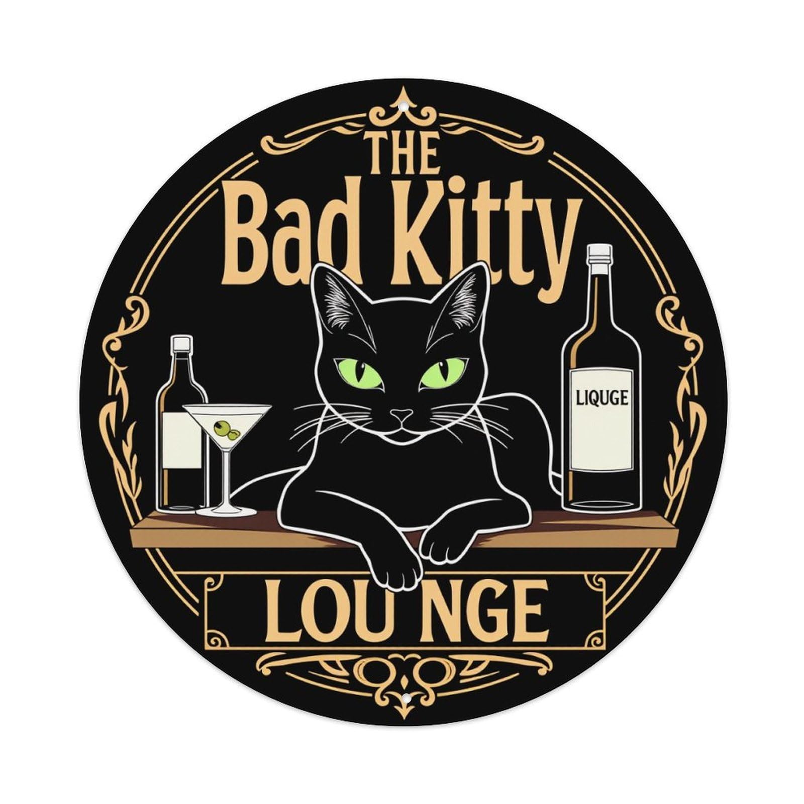 Black Cat Cocktail Bar Sign Round Tin Sign Vintage Metal Poster, Home Bar Garage Man Cave Cafe Indoor & Outdoor Wall Decoration 8x8Inches