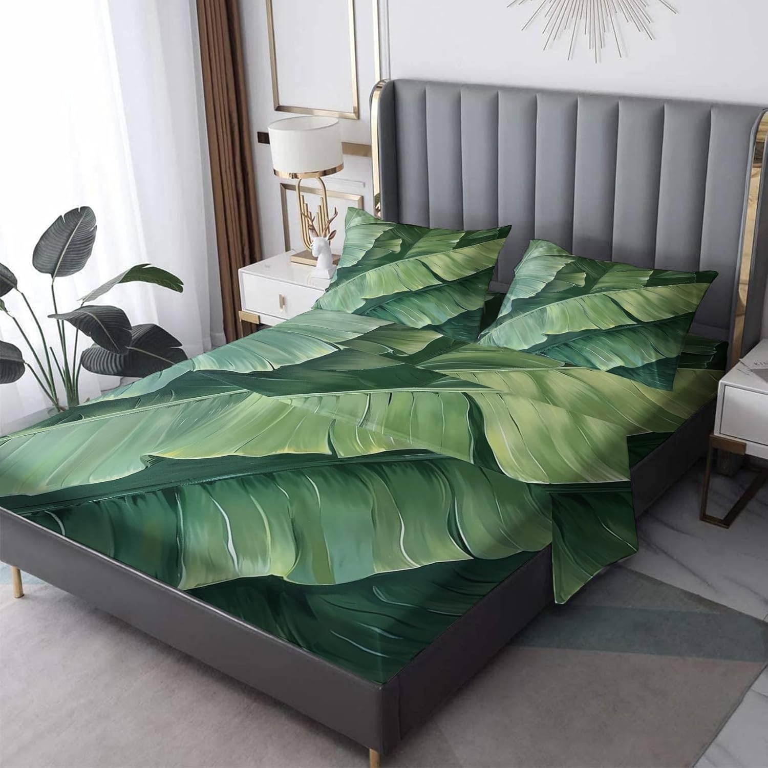 Queen Sheet Set - Banana Leaf Bed Sheets, Tropical Leaves Bedding Sheets & Pillowcases, Soft Microfiber & Deep Pocket & Wrinkle Free Patterned Sheet Set, 1 Fitted Sheet, 1 Flat Sheet, 2 Pillow Cases
