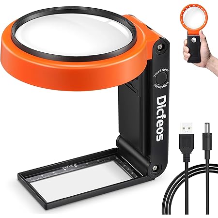 Dicfeos 30X 40X Magnifying Glass with Light and Stand, Folding Design 18 LED Illuminated for Close Work, Handheld Large Glasses Reading, Powered by Battery or USB