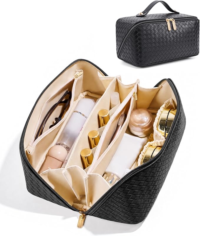 Necessaire de maquiagem para viagem ALEXTINA, couro PU trançado, preta