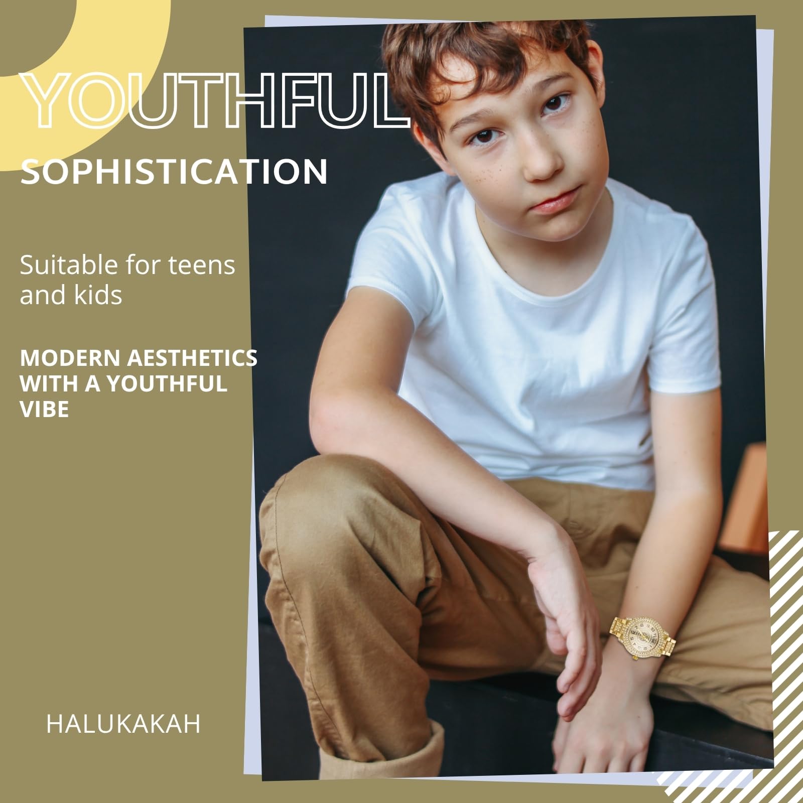 Halukakah Diamanten Gold Uhr Iced Out für Jungen - 18K Echtgold/Platin Platiniert,Rundes Zifferblatt mit Arabischen Zahlen - 19.5cm Länge - Optional mit Cuban Gliederkette - für Geburtstage,Partys