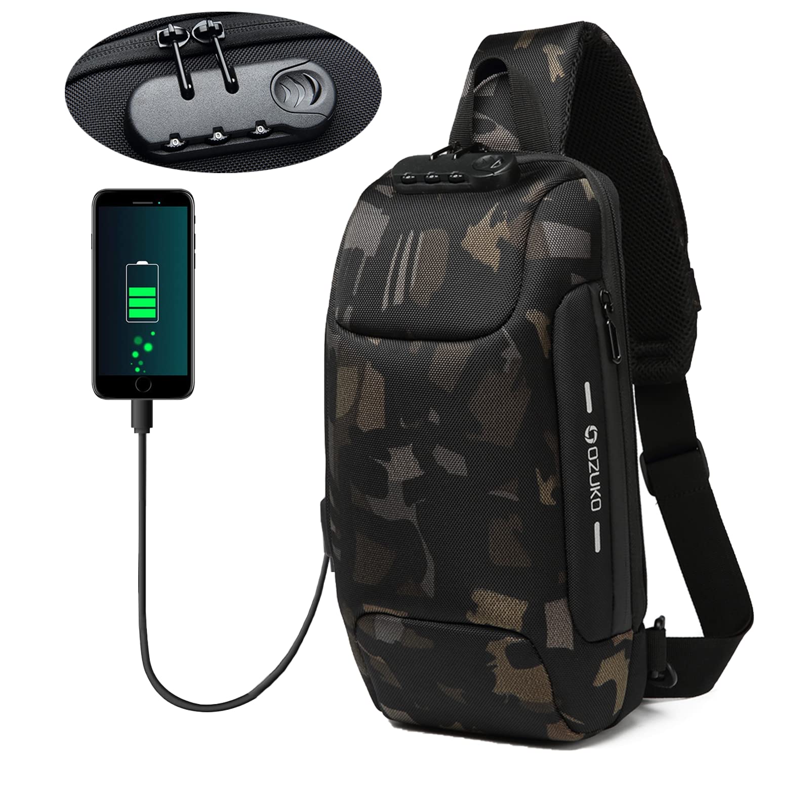 OZUKO Men Sling Backpack Nylon Water Resistant Shoulder Chest Crossbody Sling Bag with USB Charging Port Black (Camouflage)