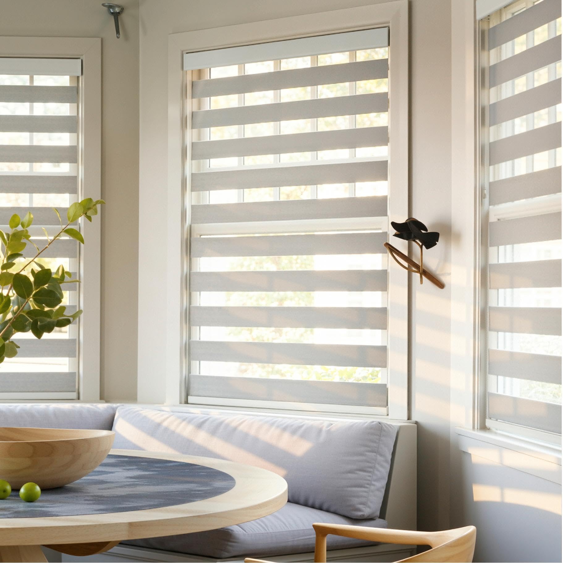 Photo 1 of GHV Cordless Zebra Blinds for Windows Free-Stop Shades Light Filtering Dual Layer Light Control for Day and Night (Gray, 34 in (W) x 64 in (H))