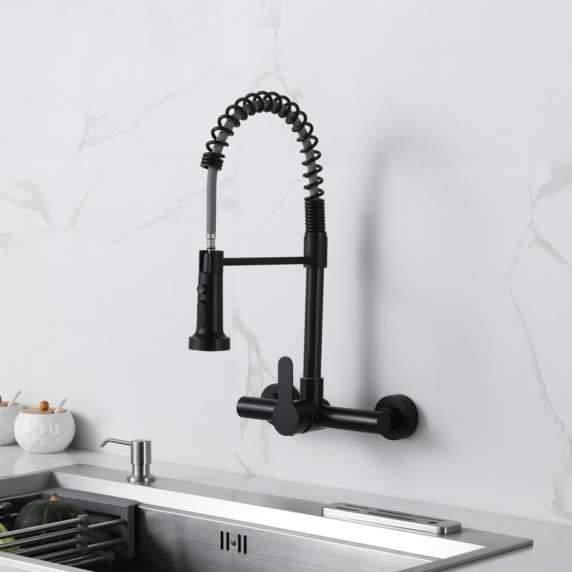 LIWEIKE Grifo de cocina de montaje en pared, rotación de 360° Grifo de cocina negro con 2 tipos de chorro Grifo de pared de montaje
