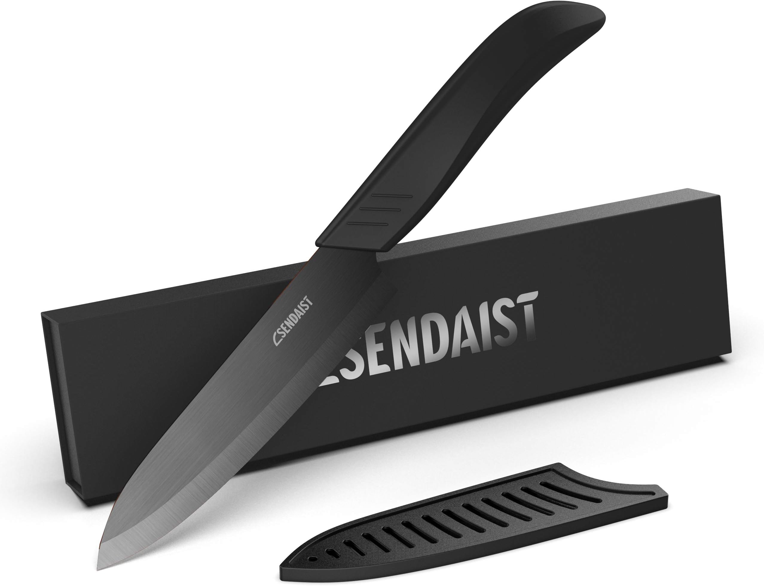 Pro Series Ceramic knife, Ultra Sharp 6-inch Ceramic Chef's knife with Sheath Cover, Black Blade, and Soft Touch Ergonomic Black Handle (In Gift Box)
