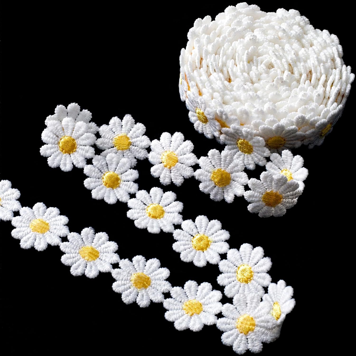 2 Yards Daisy Lace Trim Ribbon, Flower Embroidered Ribbon Roll for Bridal, Daisy Trim Sewing Accessories for Bouquet Packaging Wrapping Wedding Decorations DIY Crafts- White