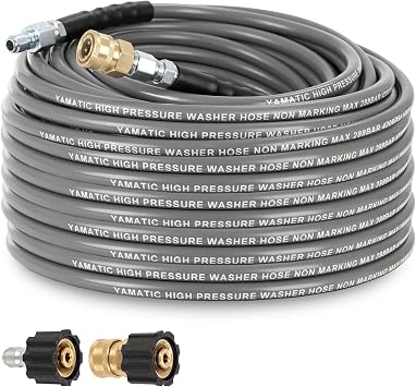 YAMATIC Non Marking 1/4" 4200 PSI Pressure Washer Hose 50 FT for Hot/Cold Water Rubber Wire Braided, Kink Resistant Swivel Quick Connection, Industry Grade for Power Washer, Super Wear Resistant