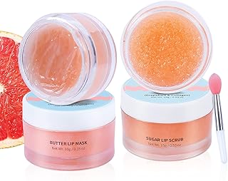 ANAIRUI Lip Scrub & Mask Set - Collagen Lip Care Kit - Lip Sleeping Mask & Sugar Lip Scrub, Lips Mask for Lip Line Wrinkle Treatment, Lip Balm & Moisturizer for Dry Chapped Lips (Grapefruit & Collagen)