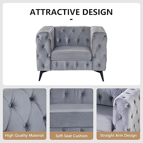 Miniatura 5 de Chesterfield - Silla moderna de terciopelo con botones y brazos cuadrados y patas de metal para sala de estar, dormitorio, oficina, apartamento