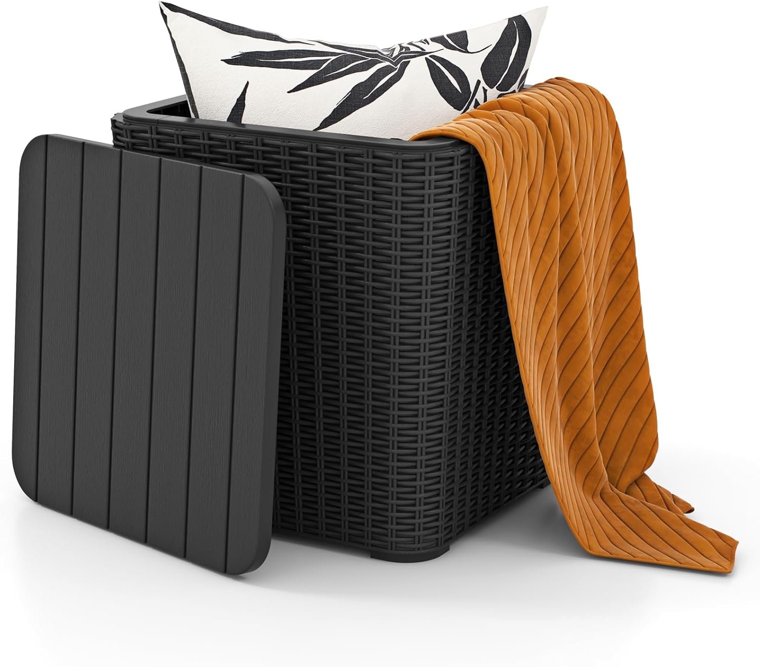 Tangkula 11.5 Gallon Water-proof Deck Box, Outdoor Patio Storage Box w/Removable Lid &, Faux Rattan Storage Container Side Table, All Weather Patio Furniture Extra Seat for Poolside (Black)