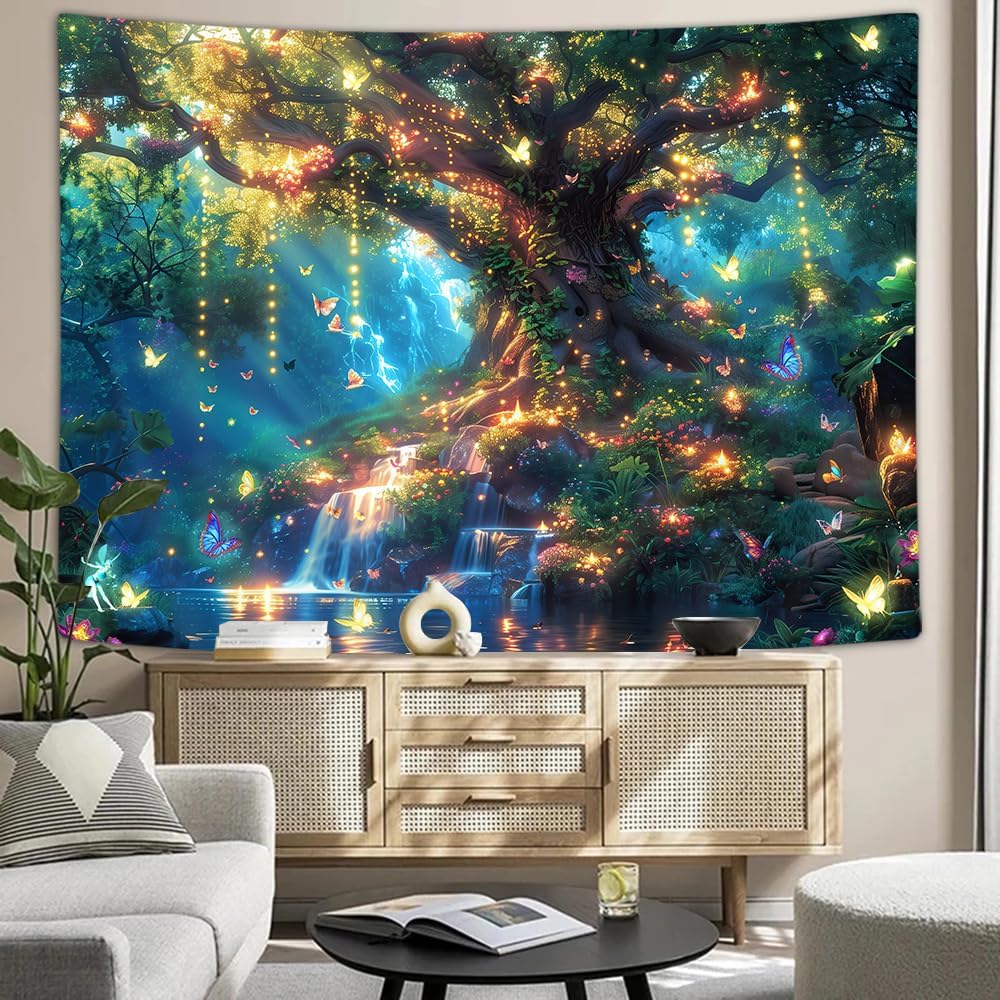 Xguatan Fantasy Forest Tree Butterfly Wall Hanging, Fairy Magical Enchanted Jungle Waterfall Mushroom Tapestry for Bedroom Living Room, 90x70 Blue
