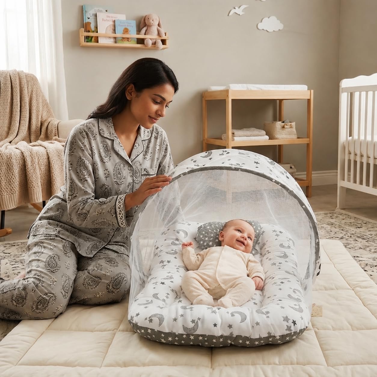 Infantbond Baby's Cotton Super Soft Bed Mattress with Net Bedding Set (Star & Moon Grey, 0-6 Months)-image-12
