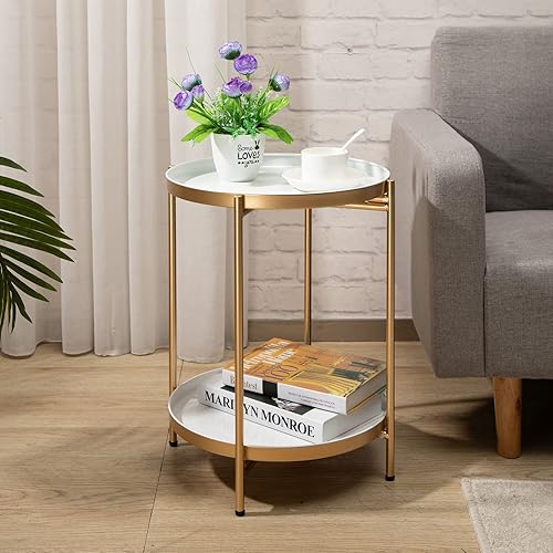 Miniatura 2 de HollyHOME Mesa auxiliar redonda dorada de 2 niveles, soporte plegable pequeño para exteriores con bandeja extraíble, mesa asional de metal