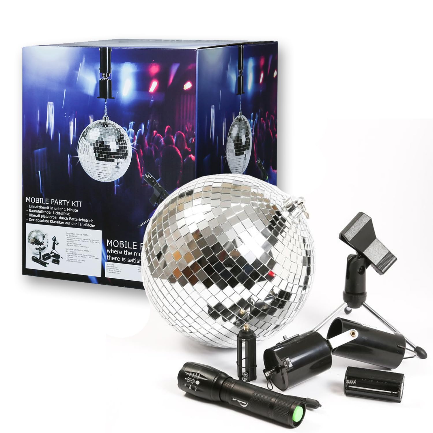 Kit de boule disco mobile de fête - Boule miroir de 20 cm - Moteur à piles - Pinspot - Trépied - Lumière à effet - Kit complet d'éclairage de fête
