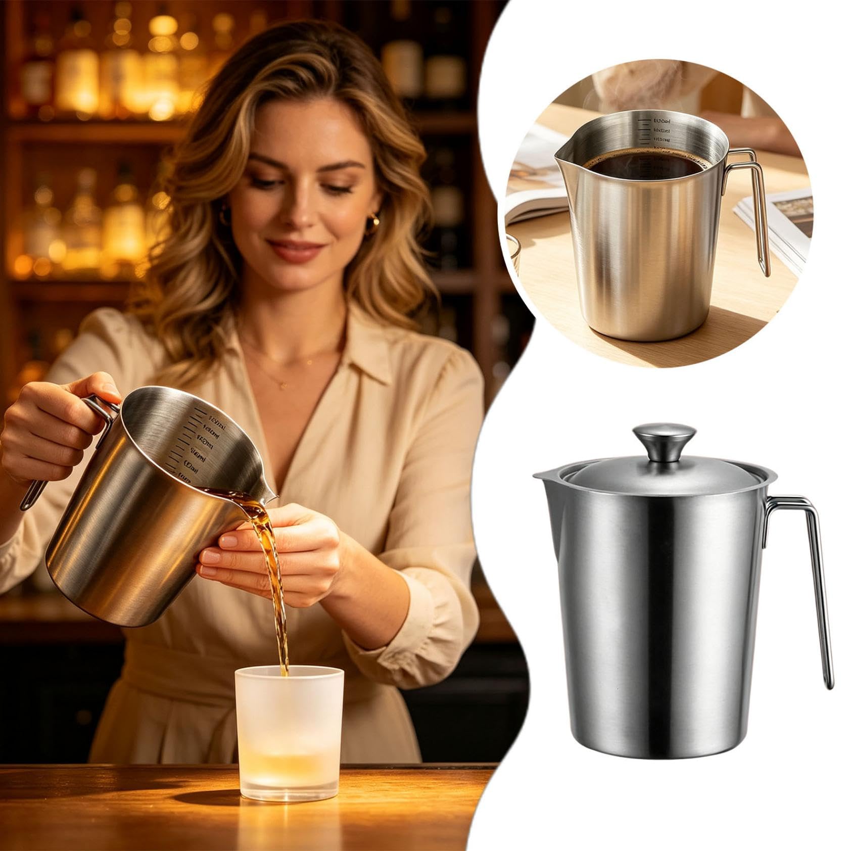 Messbecher Edelstahl 1.5 L mit Feinskala, Abdeckung, BPA Frei Messbecher Edelstahl Tropfschutz Robust für Zuhause Küche Restaurant Bar Teeladen Café Treffpunkt，Color-A-2pc