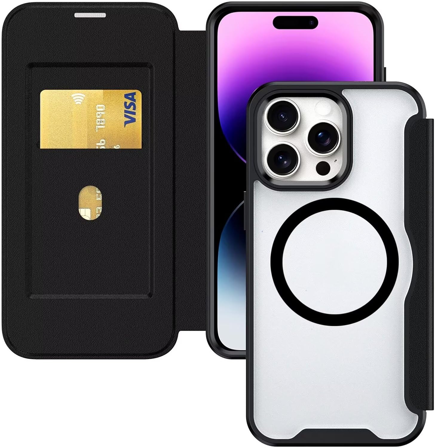 Magnetic Case for iPhone 15 PRO MAX Compatible with MagSafe, PU Leather Flip Clear Phone Case with Card Holder, RFID Blocking, Shockproof Protective Transparent Cover Black