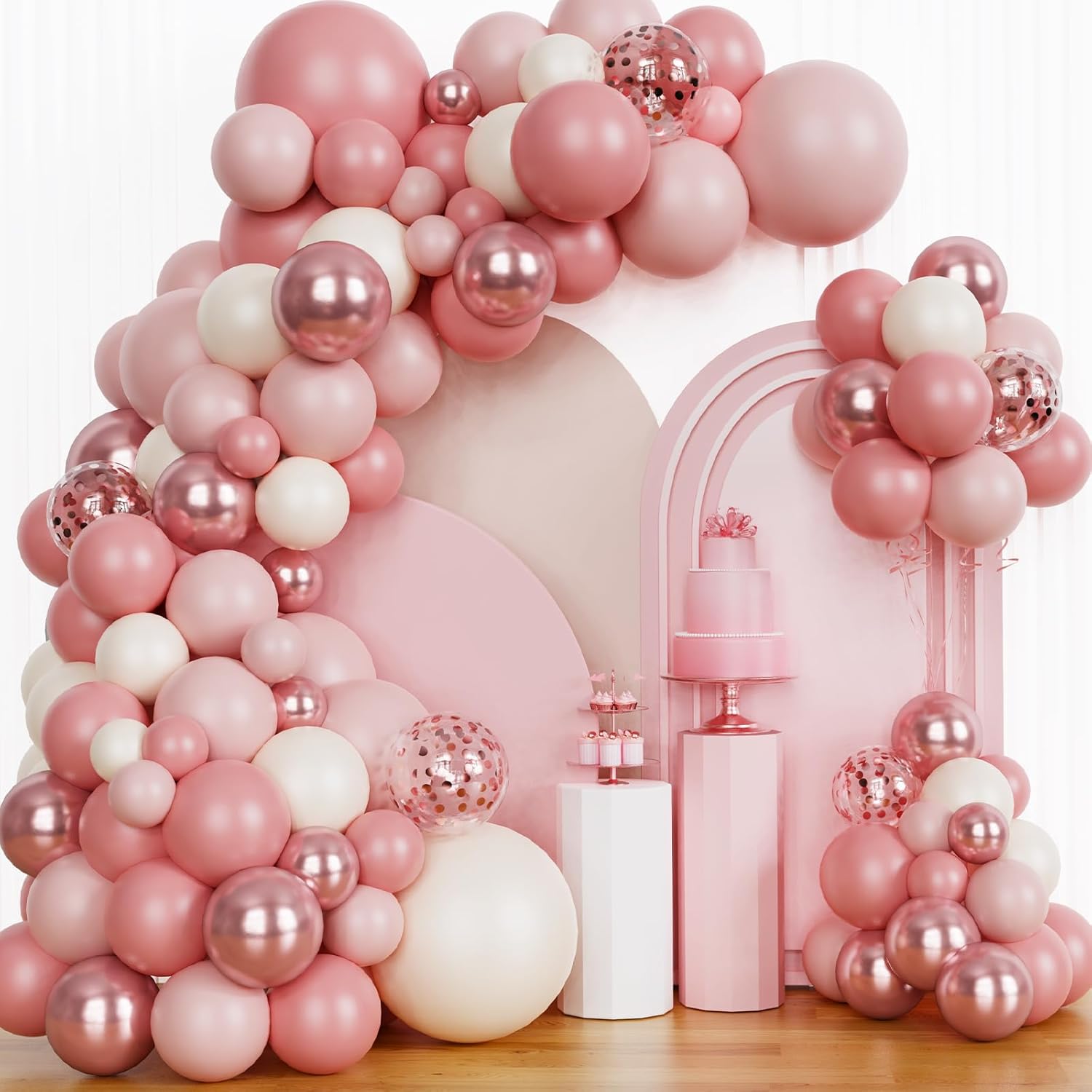 147pcs Pink Balloon Garland Arch Kit, Rose Gold Pink White Metallic Confetti Balloons Decorations for Girl Women Baby Shower Birthday Boho Party Decorations