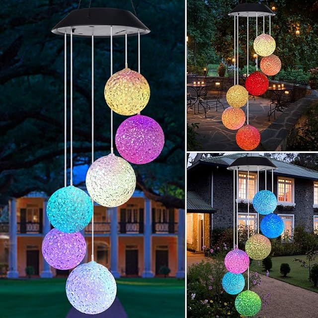 QKTYB Wind Chimes LED Solar Lights, 7 Colour Change Solar Wind Chime Light with 6 Pcs Ball Waterproof Wind Chimes for Garden Patio Yard Decoration Gifts for Women Mum Birthday Christmas