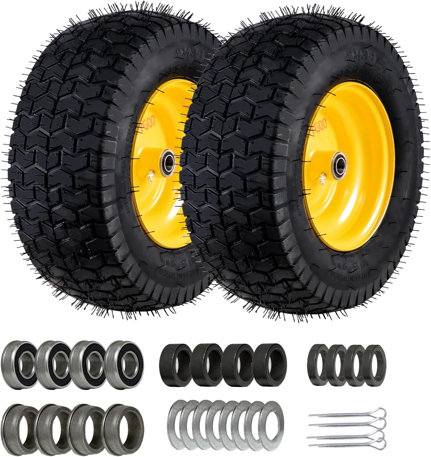 16x6.5-8 Tubeless Tire and Wheel,2 Pcs Replacement Riding Lawn Mower Garden Tractor Front Wheel Tire with 3" Offset Hub, 3/4" Bearing & 5/8”Bearing
