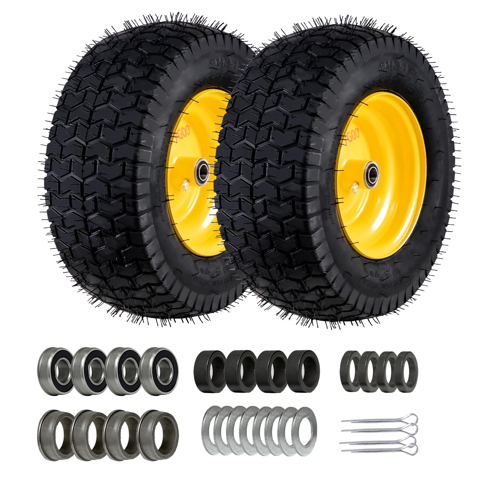 Neumático y rueda sin cámara de 16 x 6.5-8, 2 piezas de repuesto para cortacésped, tractor de jardín, neumático de rueda delantera con cubo de desplazamiento de 3 pulgadas, rodamiento de 3/4
