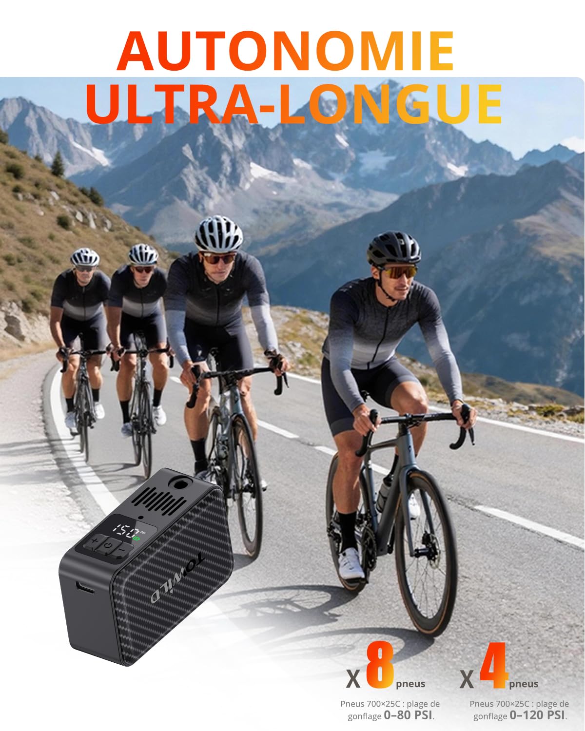 TOWILD A15 Bomba de Bicicleta Eléctrica 150PSI, Inflador de Neumáticos Portátil con Ventilador de Refrigeración, Apagado Automático, 2×800mAh para 8 Gomas, Luz LED para Carretera y MTB