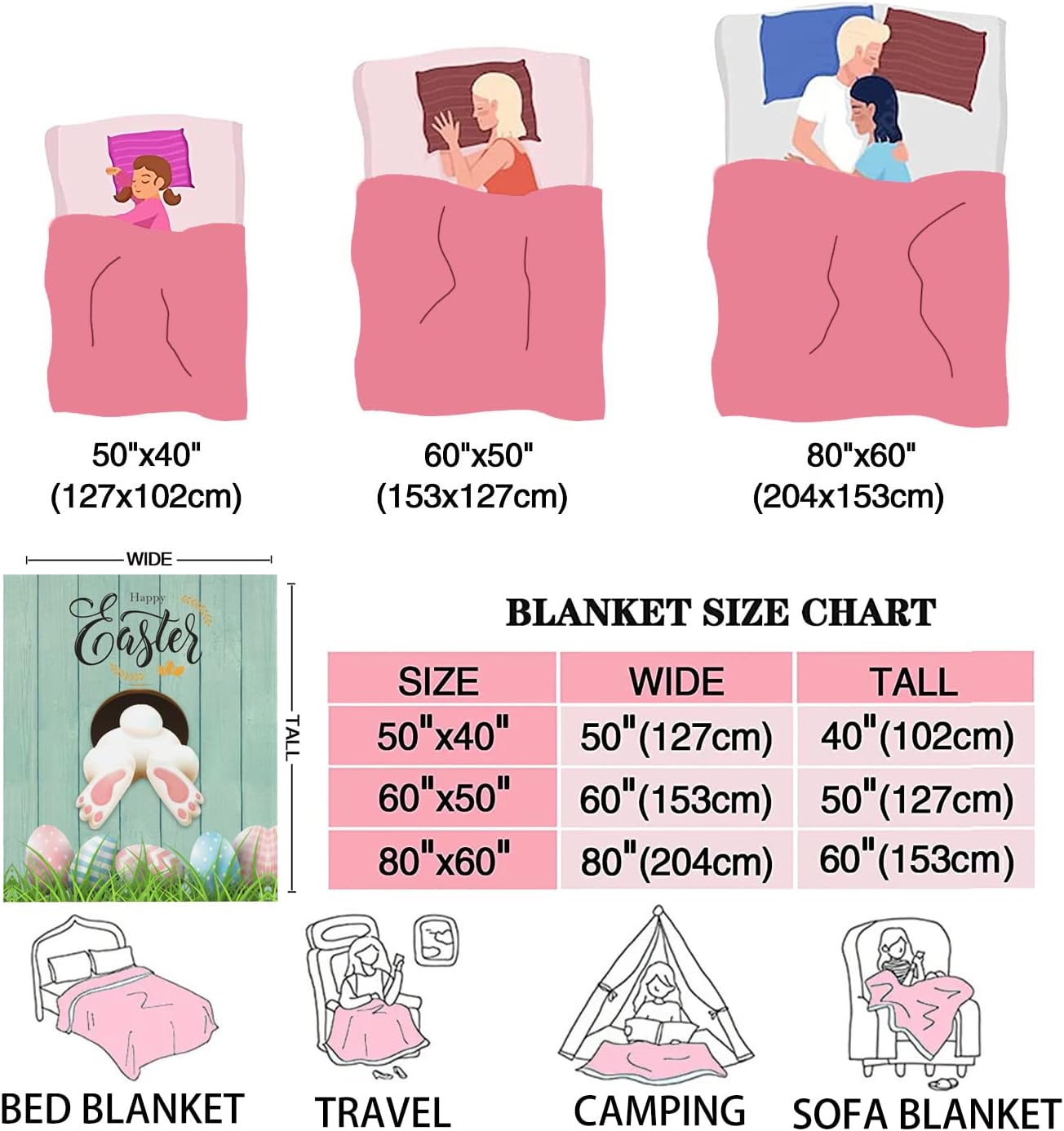 Easter Throw Blanket for Kids Warm Plush Fleece Blanket Flannel Bed Blanket Bunny Tail Easter Eggs Rabbit Spring Flowers Lightweight Easter Blanket for Sofa Bed Couch 40"x50"