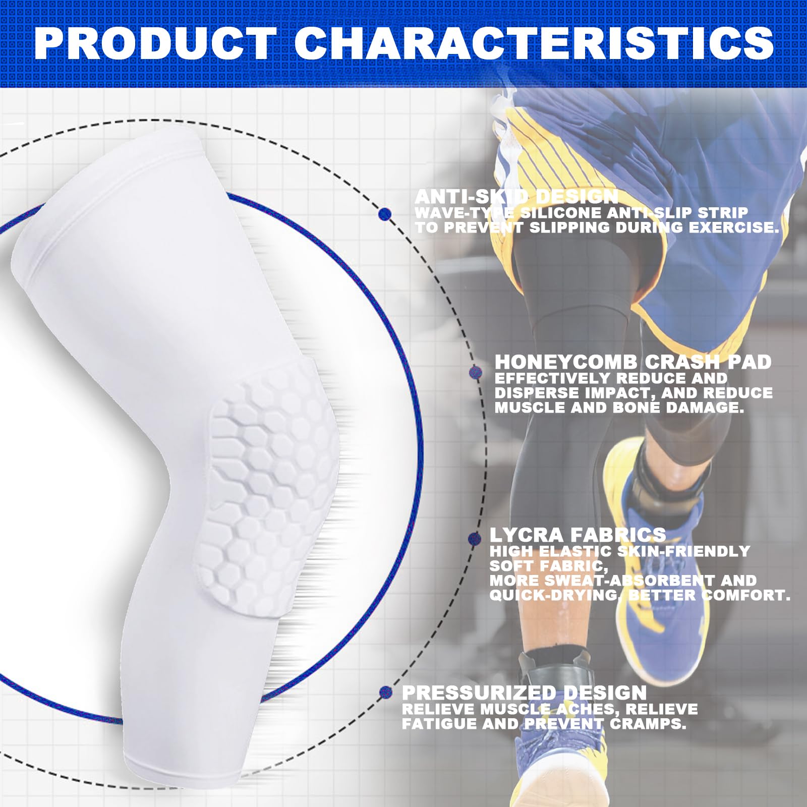 Knee Compression Pads,Compression Knee Sleeve for Knee Pain,Knee Pads Wrestling Knee Brace Leg Sleeves Honeycomb Pad for Volleyball Basketball,Hex Knee Pads Sleeve for Youth and Adult L(White 2 Pcs)