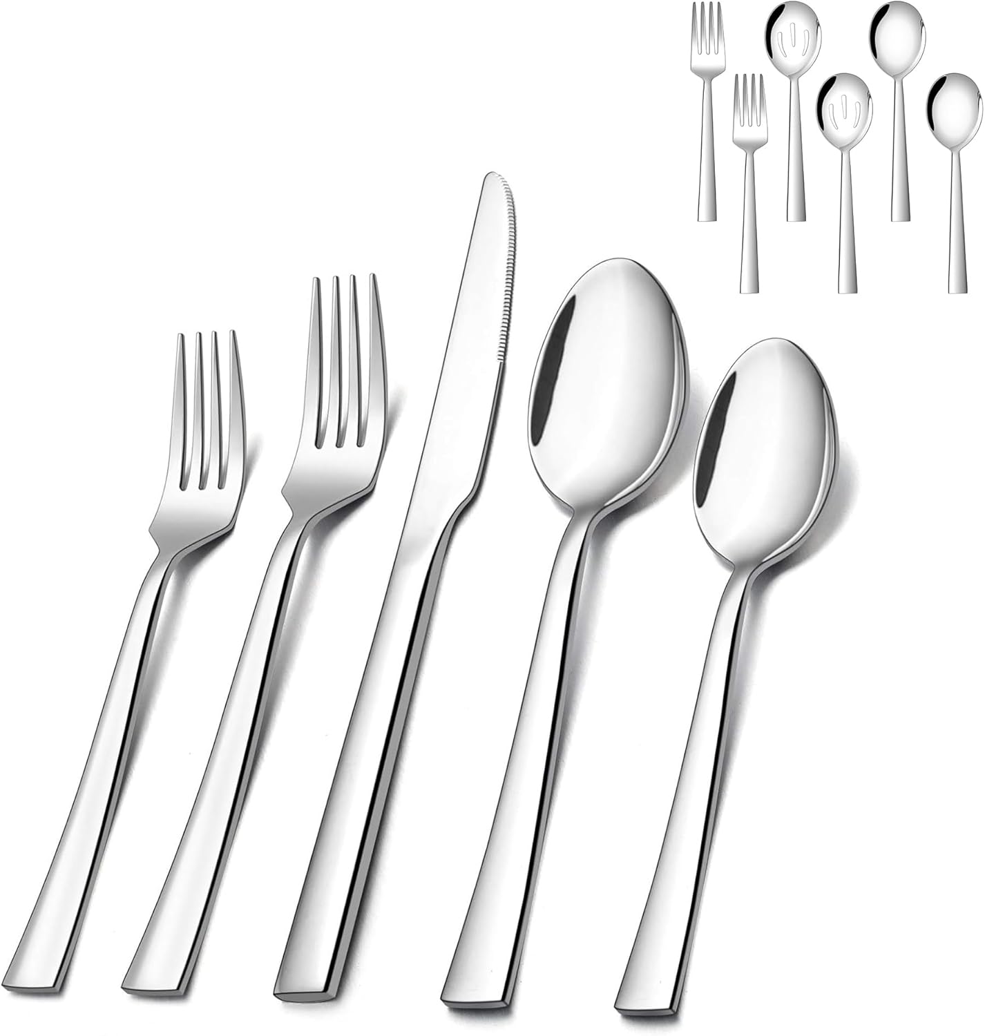 E-far 60-Piece Silverware Set and 6-Piece Serving Utensils, Stainless Steel Tableware Set Service for 12 for Home Restaurant Party Buffet, Square Edge & Mirror Polished, Dishwasher Safe