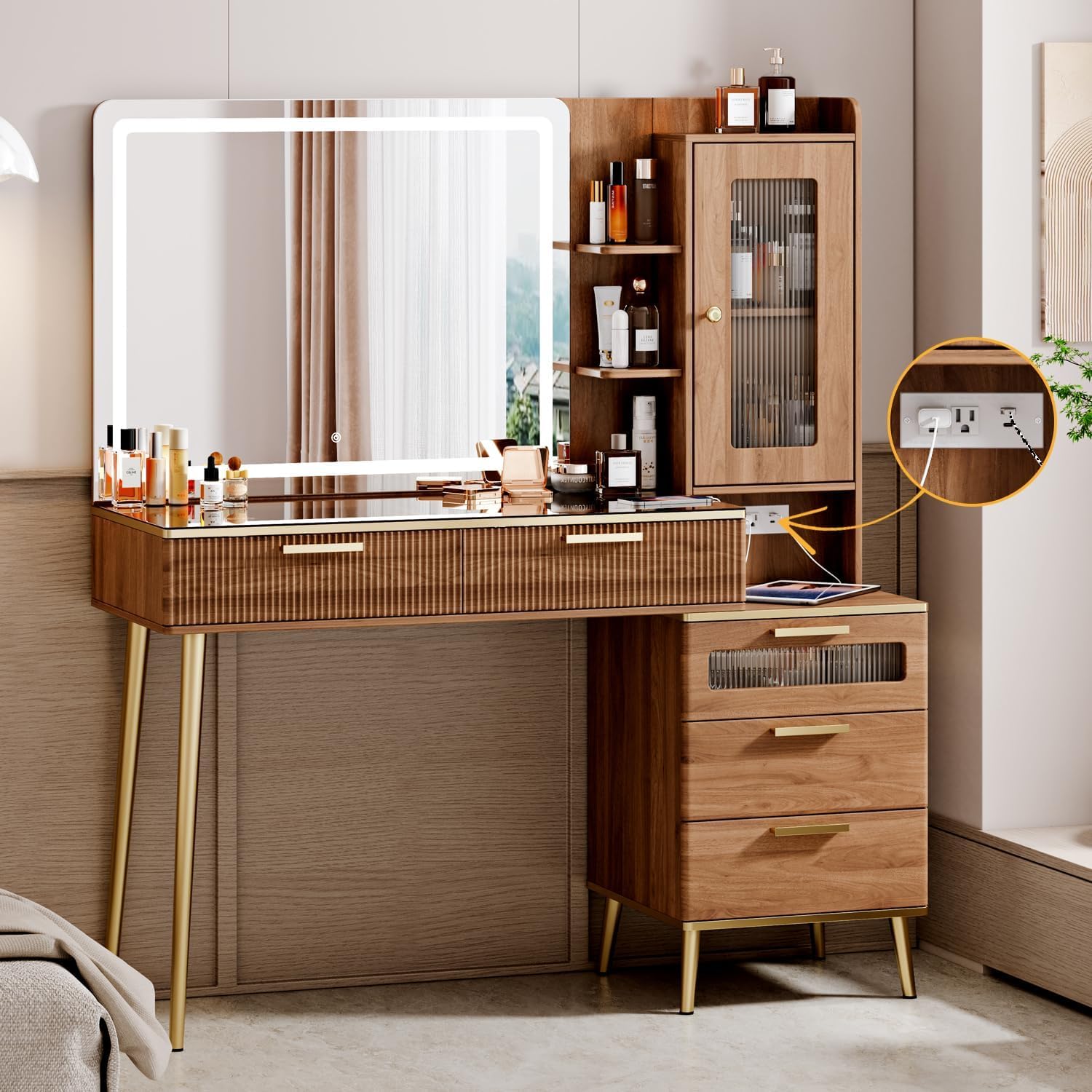 Photo 1 of Arulvmrn Vanity Desk with 29.53" HD Lighted Mirror, 47.24" Big Modern Vanity Desk with Mirror and Lights, Makeup Vanity with 5 Drawers and Storage Shelves and Charging Station,Brown
