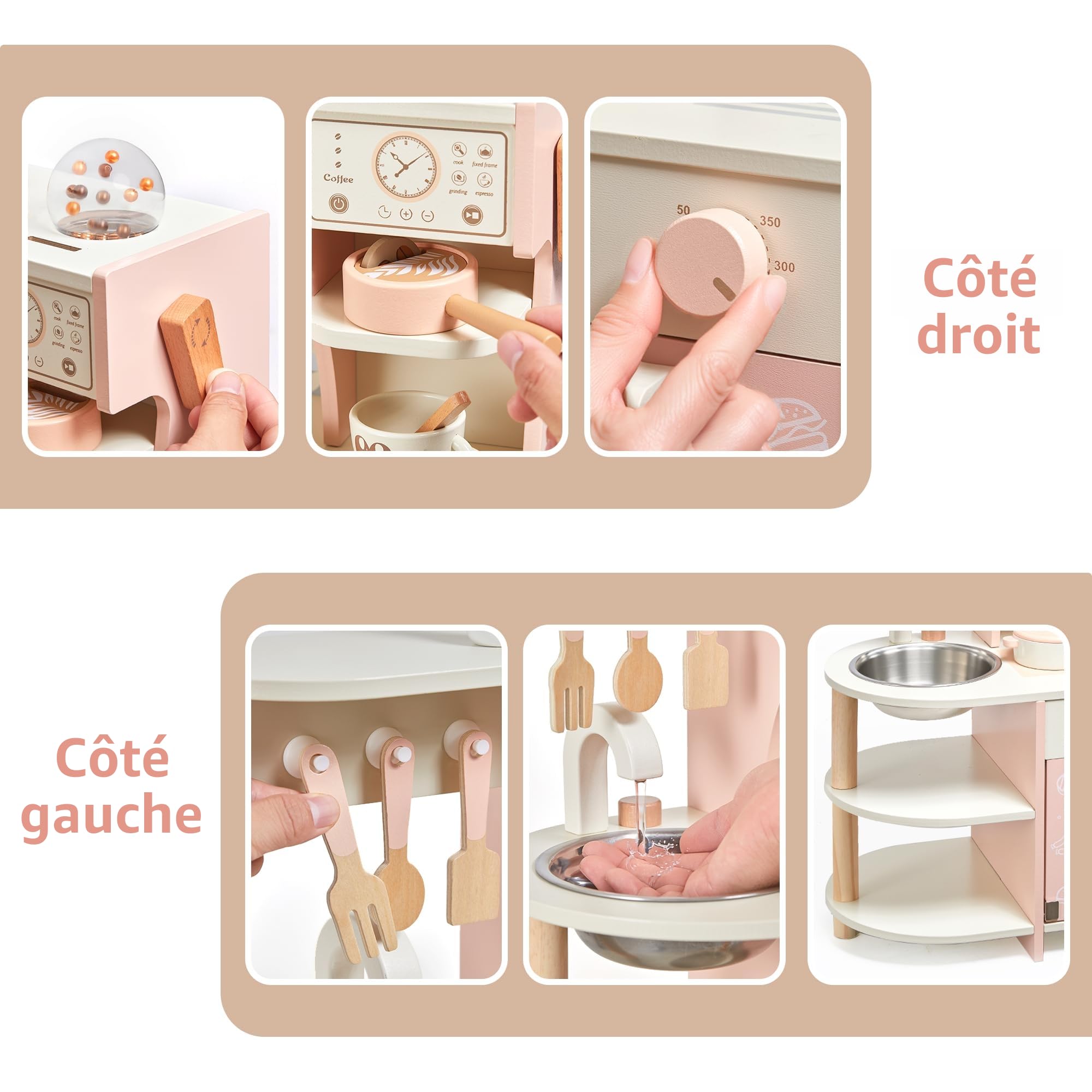 Cuisine de jeu pour tout-petits, jouets en bois pour enfants avec cafetière, accessoires de cuisine, cadeau pour filles et garçons âgés de 3, 4, 5, 6 ans