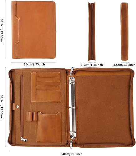 Miniatura 5 de Cartera personalizada de cuero genuino para MacBook 12.9 iPad, carpeta de cuero Crazy Horse con 3 anillas, carpeta organizadora de cartera de