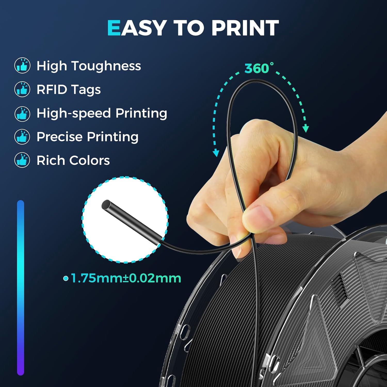 Creality Hyper PLA Filament RFID 3D Printer Filament:High Speed 30-600mm/s,1kg(2.2lbs) Spool Support CFS 1.75 mm, Fits for Most 3D Printers and K2 Plus Combo,Black PLA - Image 6