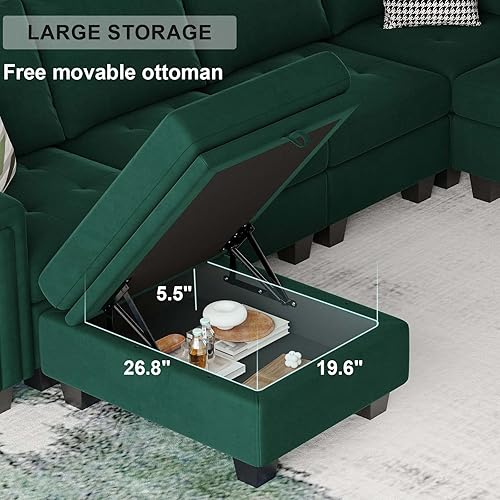 Miniatura 5 de Belffin Sofá seccional grande de terciopelo en forma de L con tumbonas dobles reversibles, sofá modular con otomanas de almacenamiento, sofá