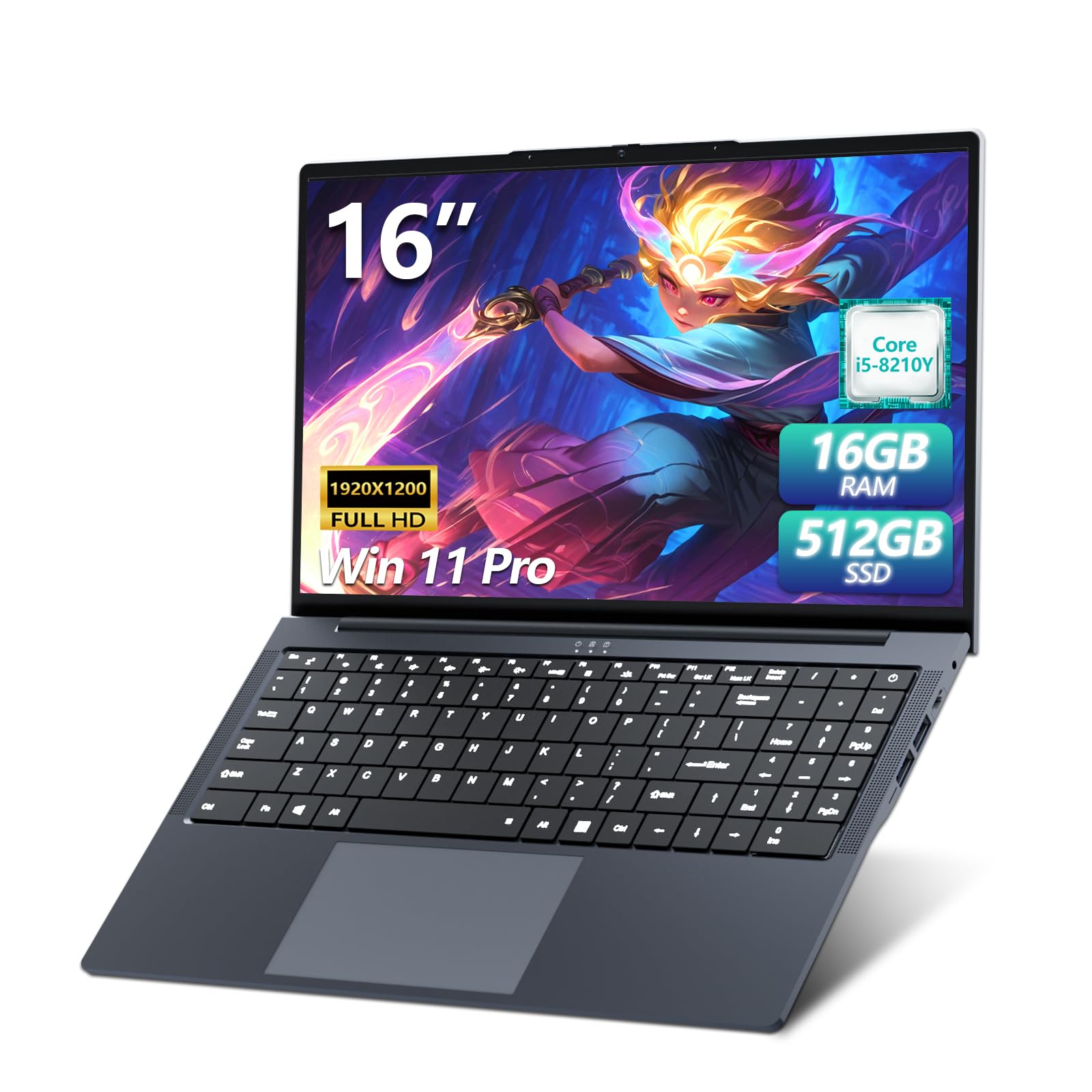 Ordinateur Portable 16 Pouces Pc Portable Avec Core i5 8210Y Processeur Jusqu'à 3.60 Ghz, Laptop 16Go RAM 512Go SSD écran IPS 1920x 1200 FHD RJ45, Type-C USB3.0 BT5.0 Clavier numérique rétroéclairé