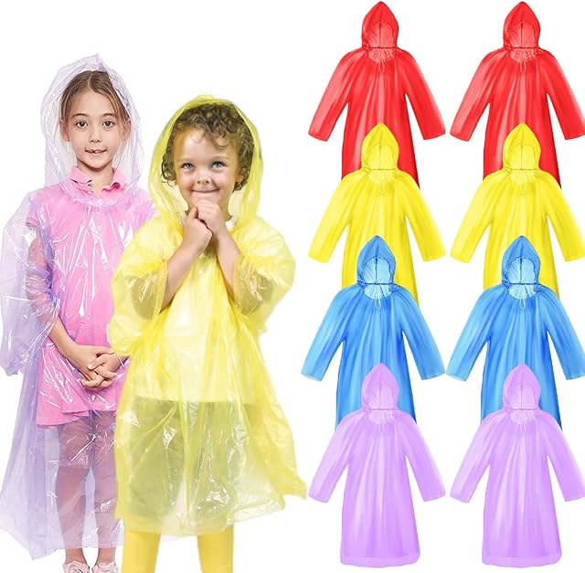 UoQo 8 Pack Disposable Rain Poncho for Kids, Kids Emergency Poncho, Poncho Waterproof with Drawstring Hoods and Stretch Cuff, Reusable Kids Raincoat for Outdoor Activities(4 Colors)