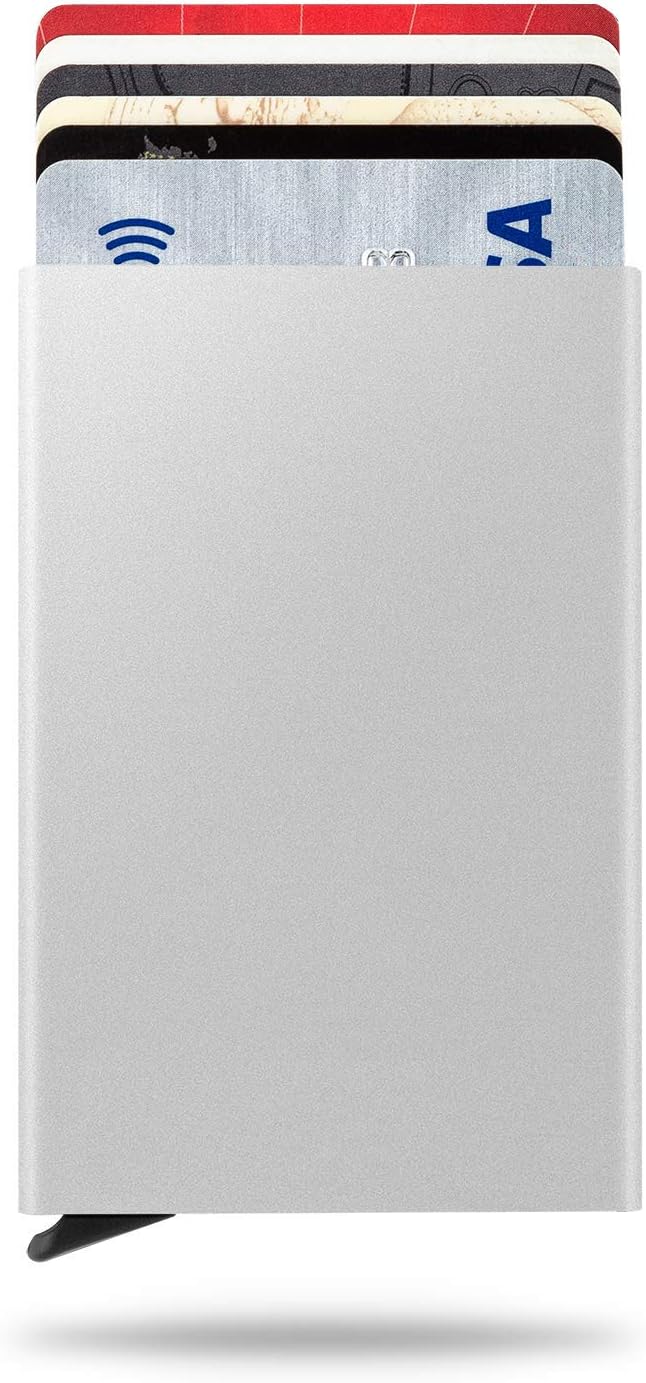 Groupy Slim Design Stylish Pop Up RFID Blocking Credit Card Holders Wallet Case, Stainless Steel Aluminium Metal Holder for Men & Women – Silver