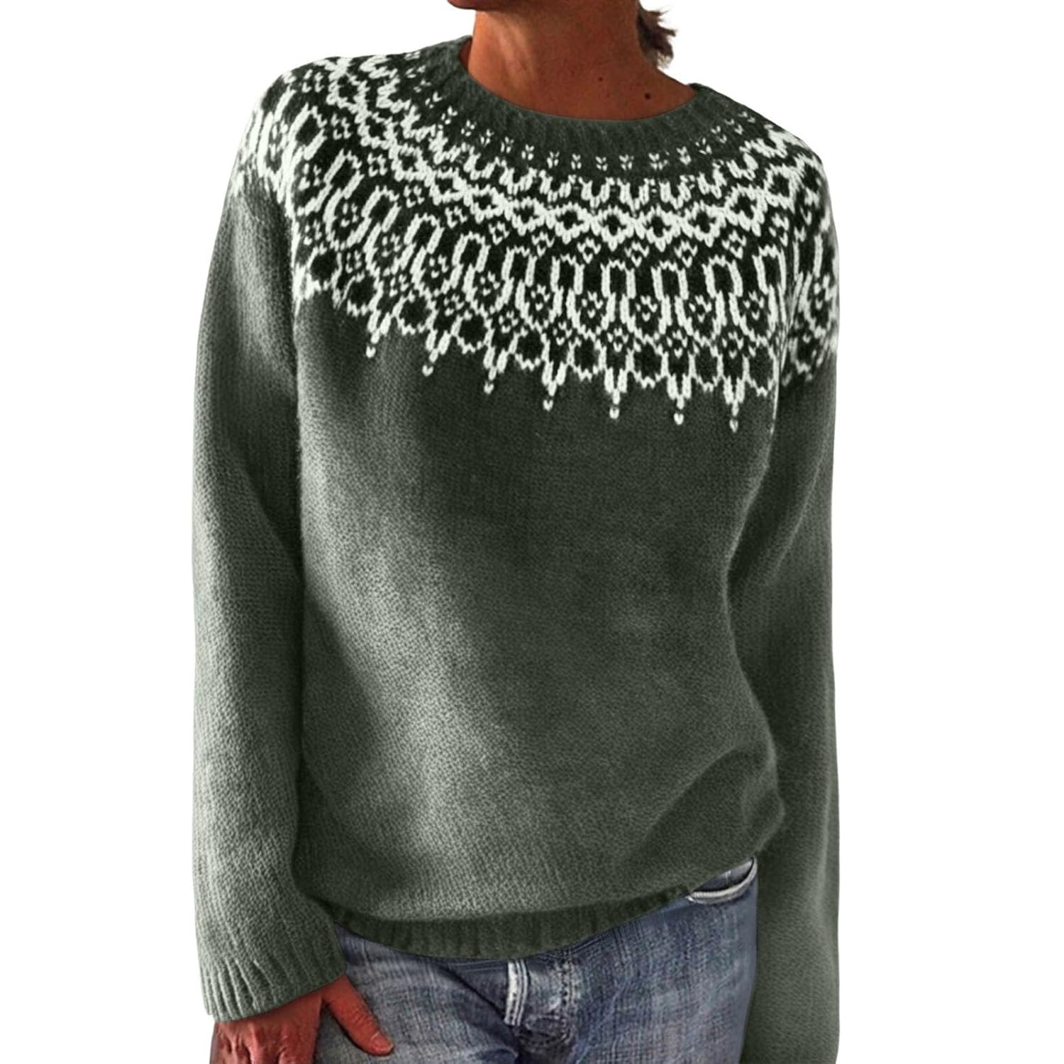 Fisherman Sweater Women Boho Knitted Fair Isle Print Retro Crewneck Long Sleeve Icelandic Pullover Tops 2025