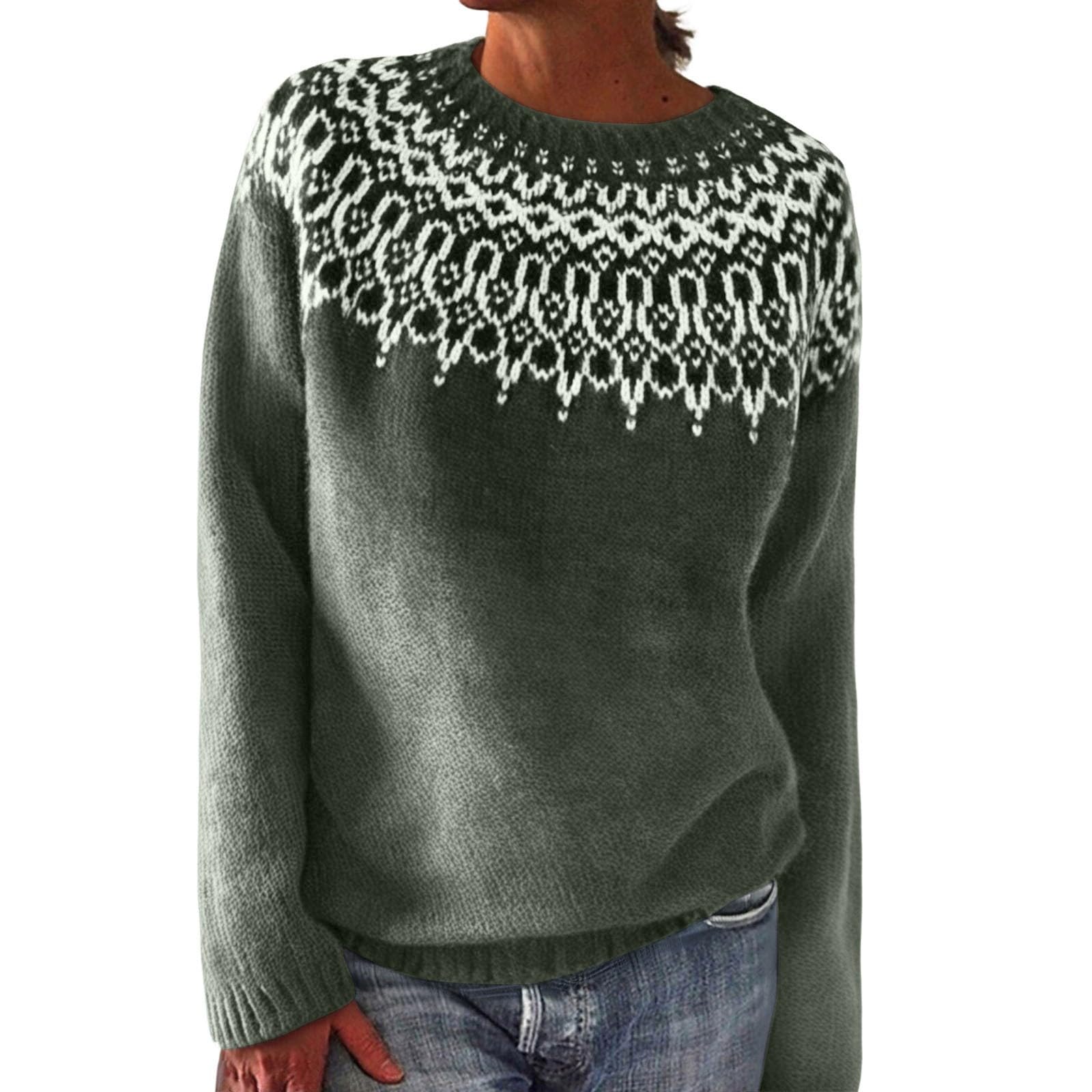 Fisherman Sweater Women Boho Knitted Fair Isle Print Retro Crewneck Long Sleeve Icelandic Pullover Tops 2025