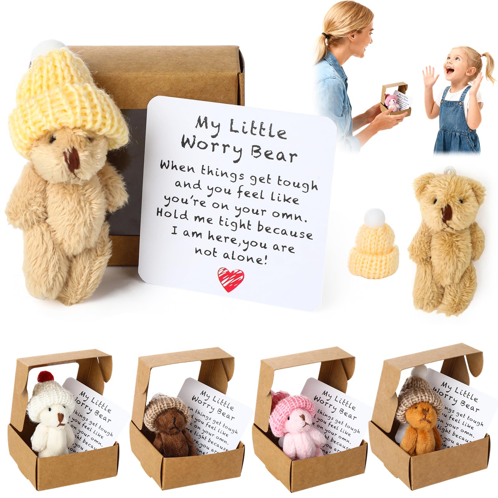 FAMCUCHE 5 Pcs My Little Worry Bear in a Box, Plush Pocket Bear with Inspirational Card and Hats