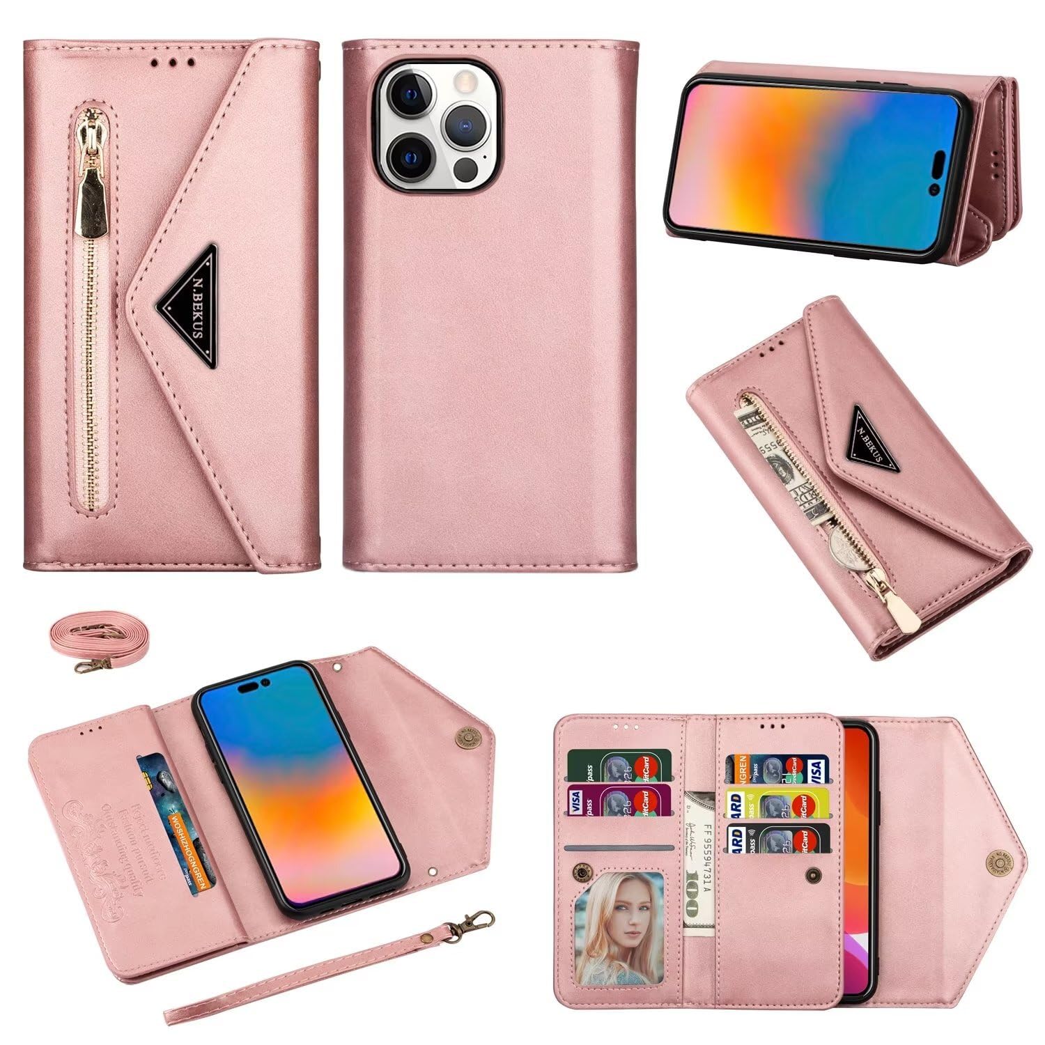 Generic - Funda de piel con correa para iPhone 13 (color oro rosa)
