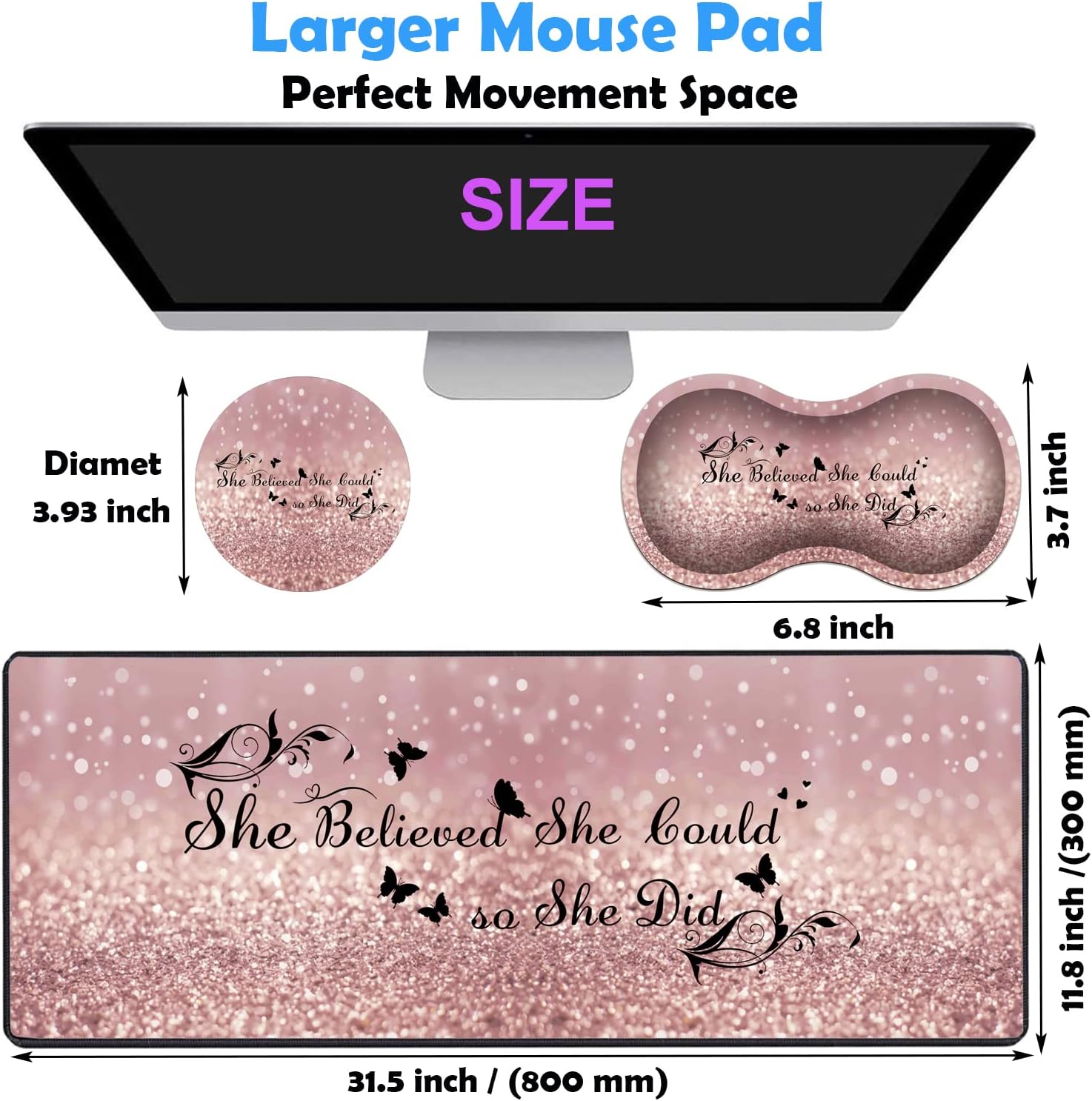 3 Piece Mouse Pad Set with Stitched Edge Large Anti-Slip Mouse Pad Desk Pad Keyboard Pad + Wrist Rest Pad + Coaster, Memory Foam Wrist Rest for Office/Home - She Believed She Could So She Did