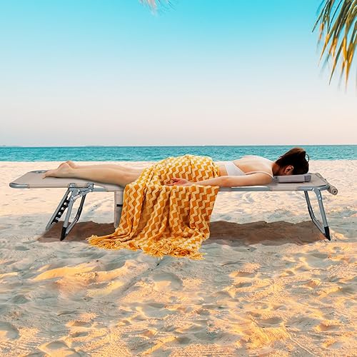 Miniatura 8 de Goplus Silla de bronceado, silla plegable de playa al aire libre con agujero para cara y brazo, correa de transporte, almohada, bolsillo lateral,