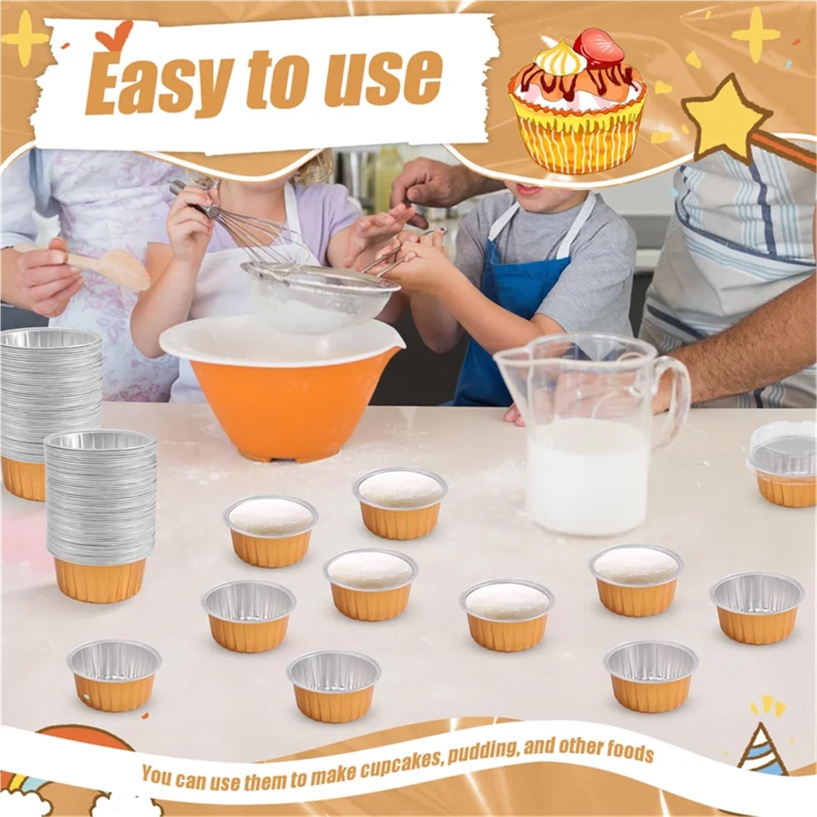 Moldes para hornear Vasitos de postre con tapa, portavasos aluminio dorado for hornear, moldes multiusos for cupcakes y pudín transparente